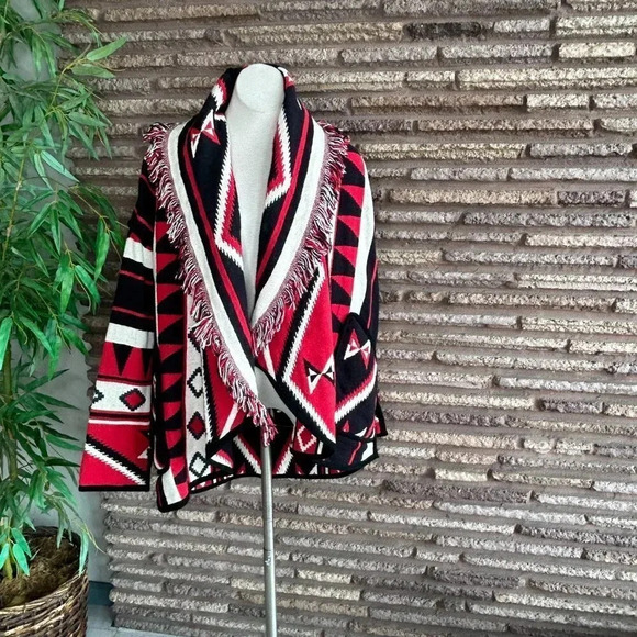 Vintage 90s Aztec Red and Black Reversible Tapestry Fringe Blanket Jacket - Picture 1 of 15